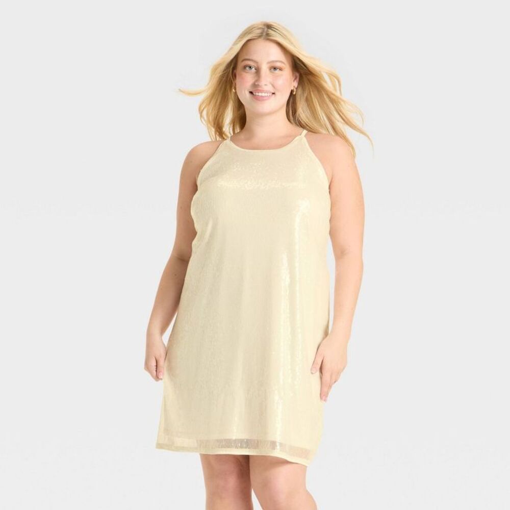 Sleeveless Sequin Shift Dress in Light Gold